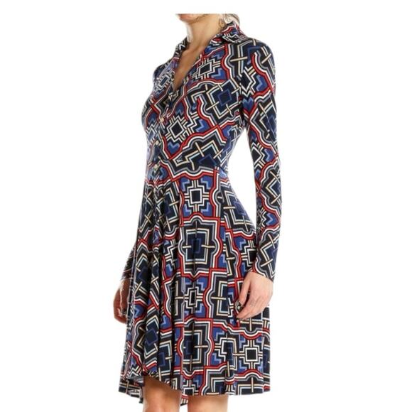 Cache Geometric Button Front Dress Size 12 Belted Multi Colored NWT - Picture 6 of 12